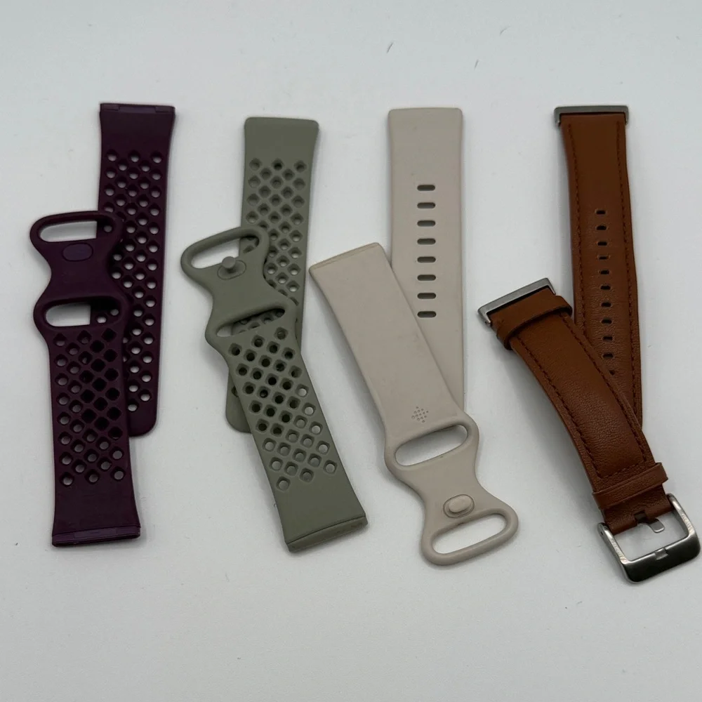 Fitbit Sense/Versa3 Wristbands in Purple, Gray, Light tan, and Leather